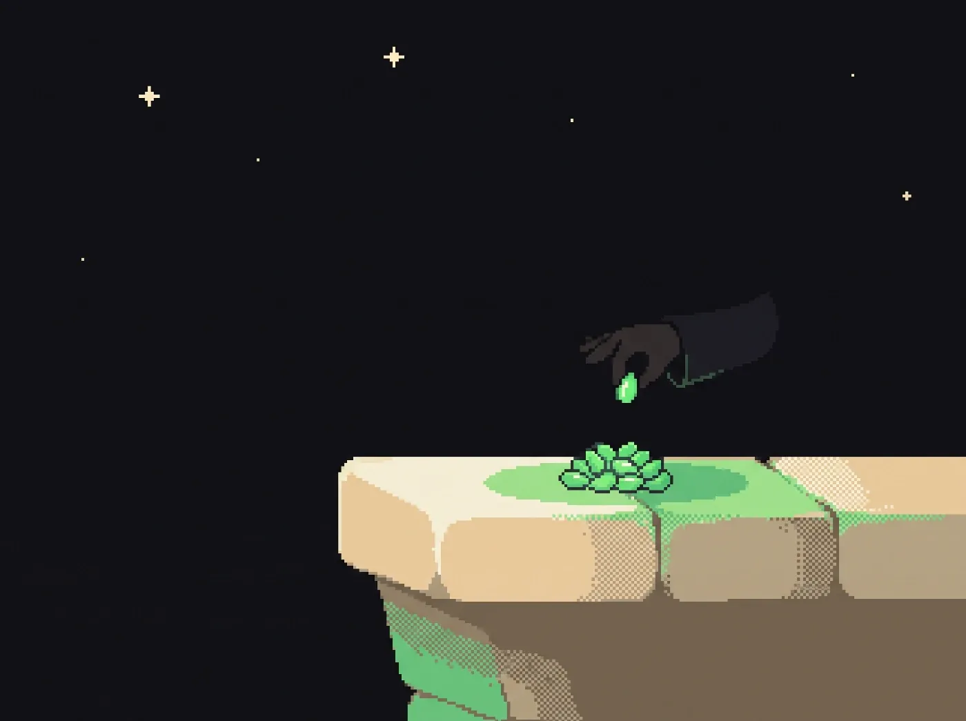 A hand holds a single glowing green seed above a small pile of seeds on stone.