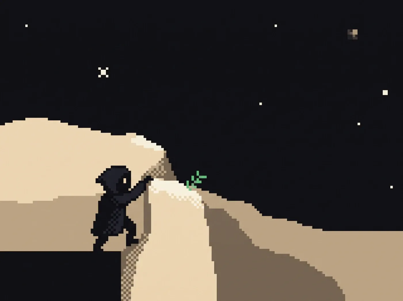 A hooded figure pulls itself up over the edge of a moonlit plateau.
