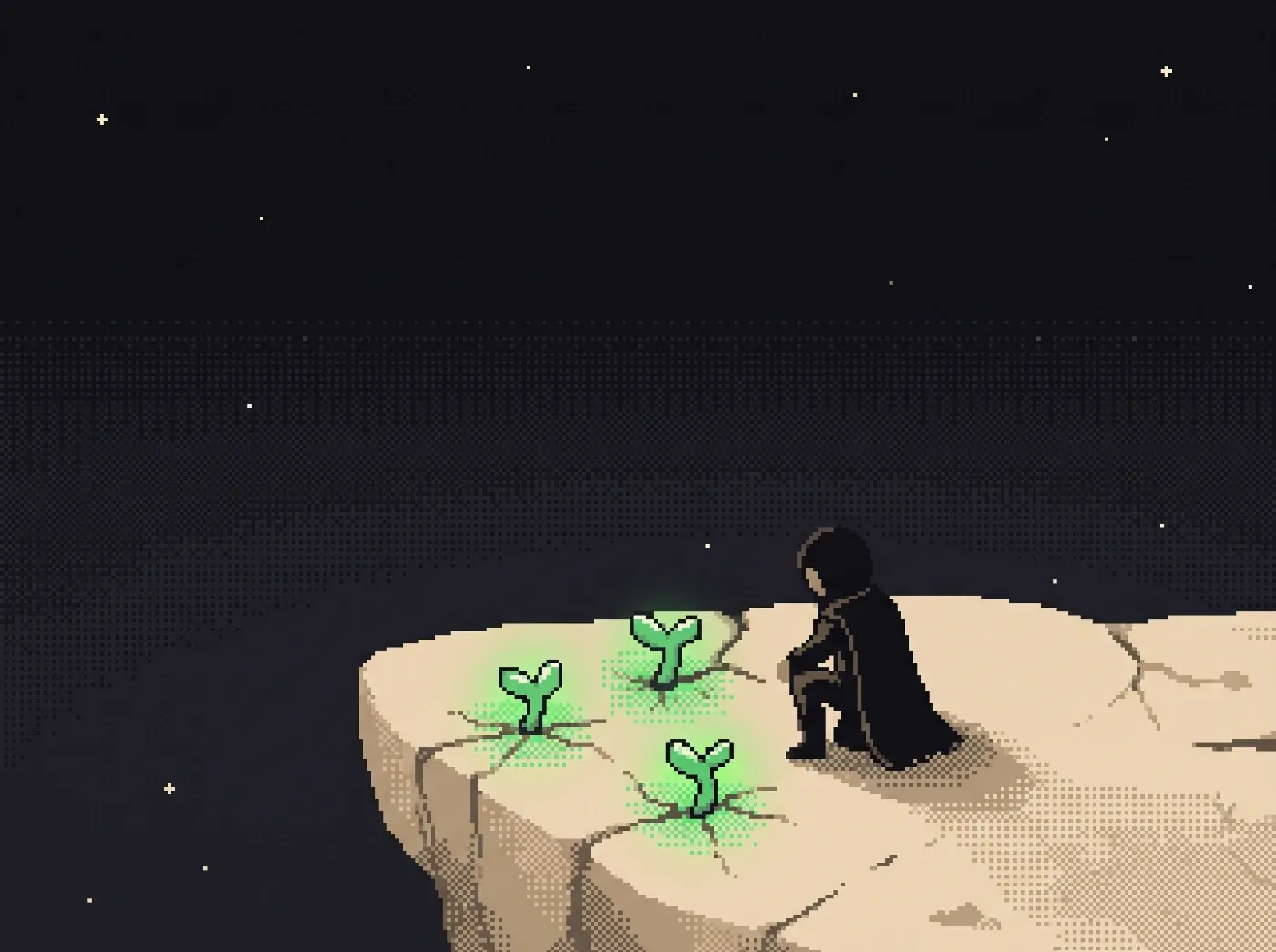 The figure kneels to tend three glowing green sprouts growing from cracks in the rock.